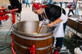 Traditional producers in Gouda Cheese Market a rainy day Royalty Free Stock Photo